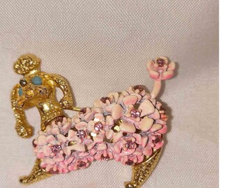 1960s Rhinestone and Pink Flower Power Poodle Brooch with Turquoise Eyes