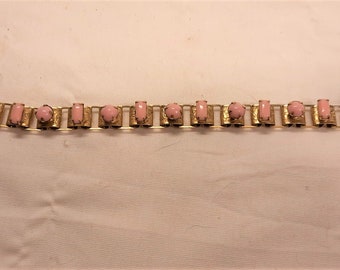 Vintage 1960s Bracelet Linked Panels set with Opaque Pink Rounds and Rectangles Stones