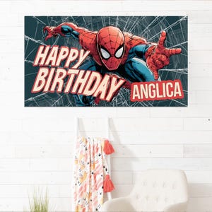 Puede incluir: Una impresi&oacute;n de arte mural rectangular con Spider-Man en una pose din&aacute;mica, con las palabras "HAPPY BIRTHDAY ANGLICA" en una fuente audaz de estilo c&oacute;mic. El fondo tiene un dise&ntilde;o de telara&ntilde;a.