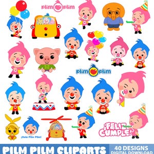 May include: A collection of colorful Plim Plim character clip art designs. The image includes various cartoon characters, a car, a helicopter, and balloons. Text includes "Feliz Cumple" and "¡Hola Plim Plim!" in a digital download format.