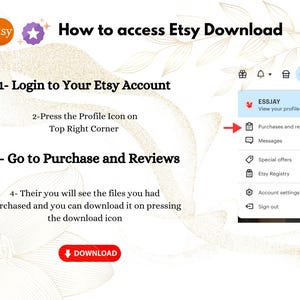 K&ouml;nnte beinhalten: Ein Screenshot eines Computerbildschirms, der zeigt, wie man auf Etsy-Downloads zugreift. Der Bildschirm zeigt einen roten Pfeil, der auf ein Men&uuml; mit Optionen wie "K&auml;ufe und Bewertungen", "Nachrichten", "Sonderangebote", "Etsy-Register", "Kontoeinstellungen" und "Abmelden" zeigt. Der Text auf dem Bildschirm lautet "So greifen Sie auf Etsy-Downloads zu", "1- Melden Sie sich bei Ihrem Etsy-Konto an", "2- Dr&uuml;cken Sie auf das Profil-Symbol in der oberen rechten Ecke", "3- Gehen Sie zu K&auml;ufe und Bewertungen", "4- Dort sehen Sie die Dateien, die Sie gekauft haben, und Sie k&ouml;nnen sie herunterladen, indem Sie auf das Download-Symbol klicken", und "HERUNTERLADEN".