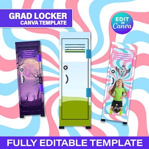 May include: Three locker designs on a swirled background of pink, blue, and white. The lockers are decorated with a spooky forest scene, a green field, and a soccer player. Text reads "GRAD LOCKER CANVA TEMPLATE" and "FULLY EDITABLE TEMPLATE".