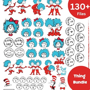 Könnte beinhalten: Eine Sammlung digitaler Dateien mit Illustrationen von Thing 1, Thing 2 und anderen Charakteren aus "Der Kater mit Hut". Die Bilder zeigen Thing-Charaktere mit blauen Haaren und roten Outfits sowie Textelemente wie "Thing Dad" und "Thing Mom".
