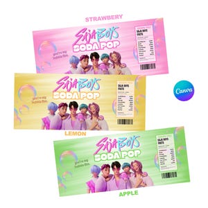May include: Three colorful soda pop labels with the text "SAJA BOYS SODA POP". The flavors are strawberry, lemon, and apple. Each label features a group of people and nutritional facts.