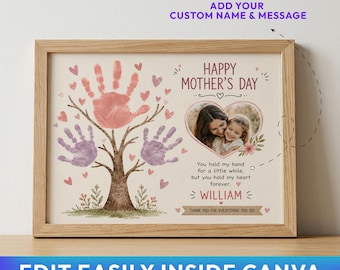 Mother's Day Handprint Craft with Photo, Kids Keepsake Art, DIY Keepsake for Mom (Canva Editable Download)
