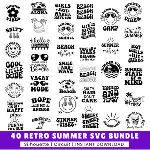 Paquete de 40 SVG de verano retro, SVG de playa, SVG de verano, Citas divertidas de playa, SVG de verano, Archivos SVG para Cricut, Paquete SVG