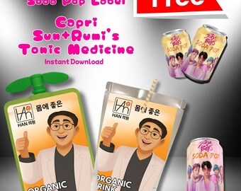 Kpop Demon Hunters Printables, Dr. Han's Tonic Drink Wrapper, GoGo SqueeZ + Caprisun juice Label, Rumi's Medicine huntrix Kpop party PNG,