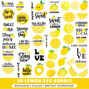 Lot de 50 citrons SVG, limonade d'été, Svg de citron de plage, fichier de coupe citron, chemise de jour limonade, clipart imprimable, fichier Svg de T-shirt limonade