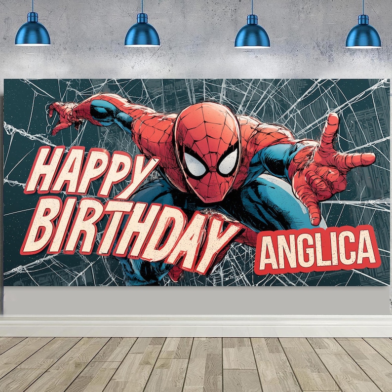 Puede incluir: Un banner con Spider-Man en una pose din&aacute;mica, con las palabras "HAPPY BIRTHDAY ANGLICA" en letras rojas y blancas en negrita. El fondo tiene un dise&ntilde;o de telara&ntilde;a y un efecto de cristal roto.