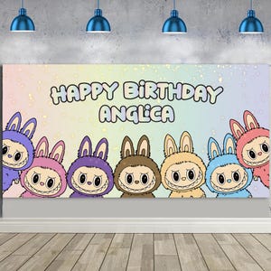 Labubu Birthday Personalized Banner, Birthday Party Supplies, Party Decor, Trending Birthday Banner, Labubu Inspired Card, Party Backdrop