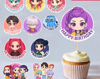 Adornos para cupcakes de cazadores de demonios del Kpop, adorno para tarta del Kpop, adorno de anime Huntrix del Kpop, decoración para fiestas infantiles, adorno para cupcakes de Saja Boys, imprimible para fiestas
