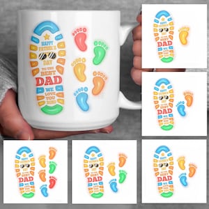Caneca inflável 3D personalizada para pai, modelo de caneca personalizada com pegada de pai para até 6 crianças de 11 oz, canecas de café para o dia dos pais em PNG, caneca de 11 oz para pai em PNG