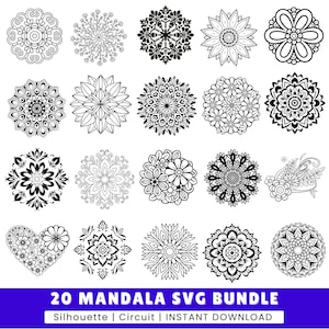 Może przedstawiać: Kolekcja 20 czarno-białych wzorów mandali z różnymi wzorami kwiatowymi i geometrycznymi. Projekty obejmują okrągłe i w kształcie serca mandale, idealne do projektów grafiki cyfrowej. Obraz zawiera tekst: "20 MANDALA SVG BUNDLE Silhouette | Circuit | INSTANT DOWNLOAD."