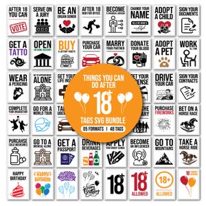 May include: A collection of 48 SVG tags with various icons and text, including phrases like "After 18 You Can", "Buy a Lottery Ticket", and "Happy Birthday". The tags are arranged in a grid, with an orange circle in the center.