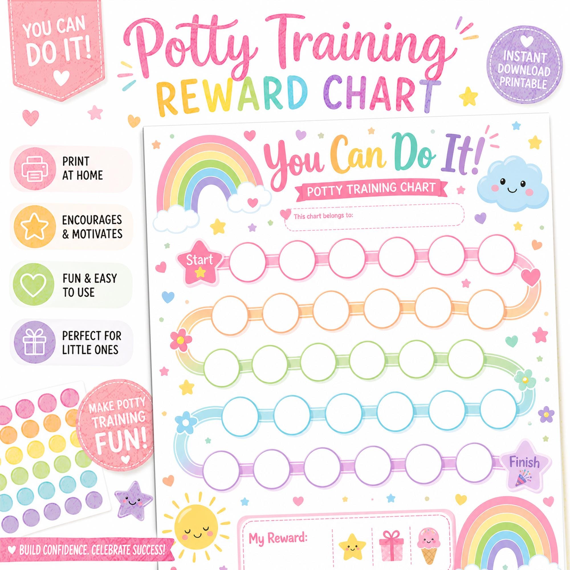 Rainbow Potty Training Reward Chart for Girls, Printable Sticker Chart ...