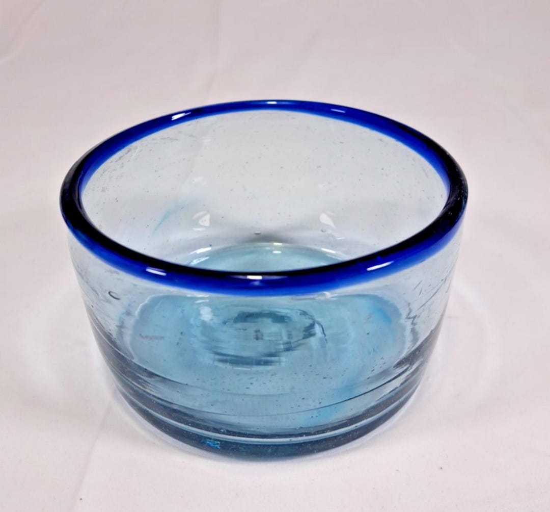 Handblown Mexican Cobalt Blue Rimmed Glass Bowl 6