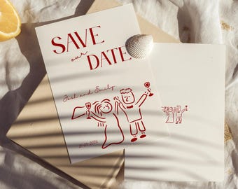 Plantilla ilustrada para guardar la fecha en pareja: Diseño único con garabatos (descarga digital)