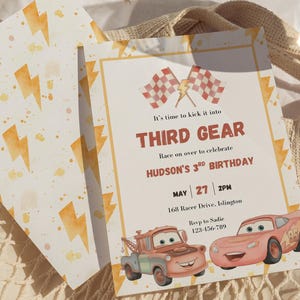 May include: A birthday invitation with a race car theme. The invitation features the text "THIRD GEAR" and "HUDSON'S 3RD BIRTHDAY". The design includes illustrations of race cars and checkered flags, with a background of yellow lightning bolts.