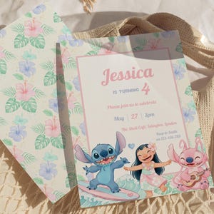 May include: A birthday invitation with a floral pattern and the text "Jessica is turning 4." The invitation features cartoon characters and the date May 27. The envelope has a matching floral design with pink and blue flowers.
