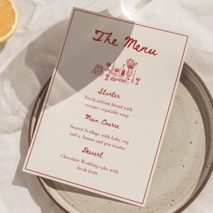 Whimsical Hand-Drawn Wedding Menu Template: Red Dinner Party (Digital Download) RB1