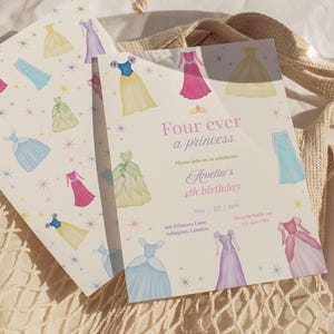 May include: Two rectangular birthday invitation cards featuring a watercolor pattern of various colorful princess dresses and small stars. The text reads Four ever a princess, Please join us to celebrate Amelia's 4th birthday, May 27, 4pm, 168 Princess Lane, Islington, London, and RSVP to Sadie on 123-456-789.