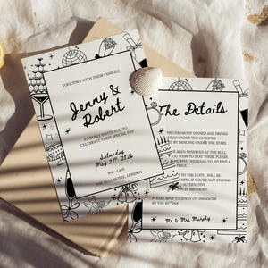 Illustrierte Hochzeitseinladung, wunderlich, digitale Vorlage, handgezeichnete Hochzeitseinladung, bearbeitbar, einzigartig, Spaß, handgeschriebenes Canva, Champagner