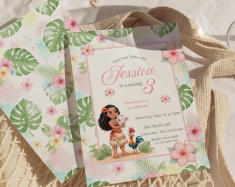 Invitación de cumpleaños editable de Moana, Evite, invitación digital para tercera edad, plantilla tropical de Canva