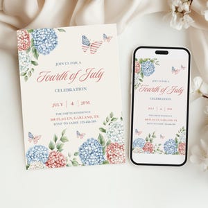 4th July Party Invitation, Patriotic American red white blue floral invite, evite, canva template image 1
