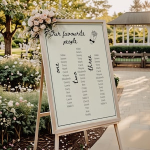 Könnte beinhalten: Eine hölzerne Staffelei mit einem Sitzplan mit dem Text "Our favourite people". Die Tabelle listet Namen unter den Überschriften "one", "two" und "three" auf. Ein Blumenarrangement schmückt die obere linke Ecke. Der Hintergrund zeigt einen Garten.