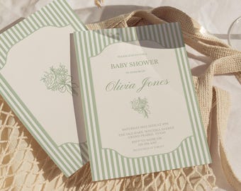 Baby Shower Invitation: Sage Green Striped Boho Floral, Gender Neutral, Vintage (Printable Template)