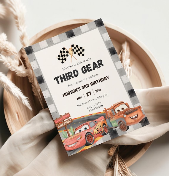 Lightning McQueen 3rd Birthday Invitation: Third Gear Cars Theme (Digital Download)