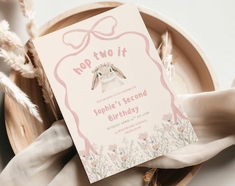Plantilla de invitación para el segundo cumpleaños de Hop Two It Bunny / Editable e imprimible (descarga digital) Floral de primavera