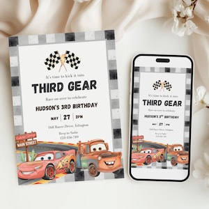May include: A birthday invitation card and a smartphone displaying the same design. The invitation features a checkered border, two racing flags, and the text "It's time to kick it into THIRD GEAR" with illustrations of two cartoon race cars.