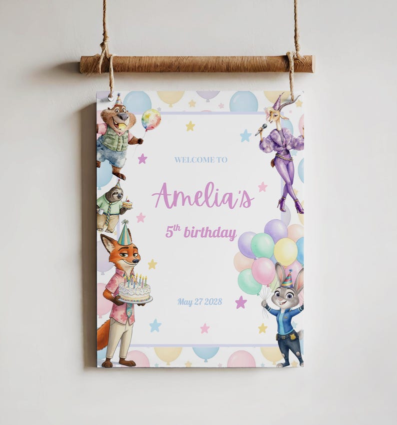 May include: A birthday party sign featuring characters from a popular animated film. The sign says "Welcome to Amelia's 5th birthday" with a date. The design includes balloons, stars, and cartoon characters in pastel colors.