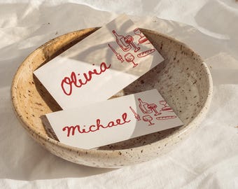 Tarjetas de lugar para bodas dibujadas a mano: Mesas rojas con ilustraciones originales (descarga digital) RB1