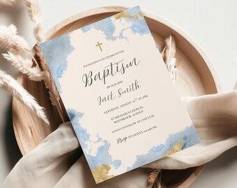 May include: Baptism invitation with watercolor blue and gold accents. The invitation features the text "Baptism of our son Jack Smith" and event details. The invitation is on a cream background.