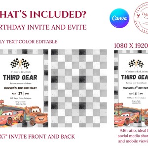 May include: A digital birthday invitation template featuring a race car theme with two red and brown cartoon cars, checkered flags, and the text 'It's time to kick it into THIRD GEAR'. Includes a 5x7 inch invite and a 1080x1920 px mobile version.
