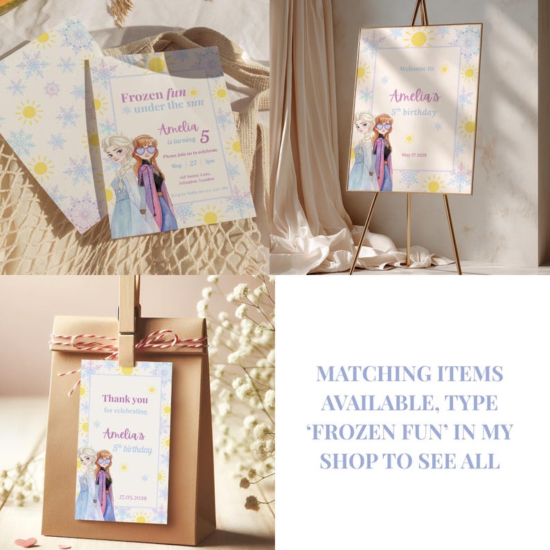 K&ouml;nnte beinhalten: Ein Geburtstagspapeterie-Set mit Illustrationen von zwei Figuren mit blondem und kastanienbraunem Haar. Das Design zeigt gelbe Sonnen und blaue Schneeflocken mit dem Text Frozen fun under the sun, Amelia is turning 5.