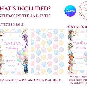Puede incluir: Un dise&ntilde;o de invitaci&oacute;n de cumplea&ntilde;os con personajes de dibujos animados, globos y el texto "Amelia's 5th birthday." El dise&ntilde;o incluye una parte delantera y trasera opcional, con un tama&ntilde;o de invitaci&oacute;n de 12,7 x 17,8 cm. El dise&ntilde;o es editable.