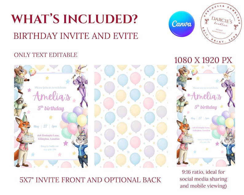 Puede incluir: Un dise&ntilde;o de invitaci&oacute;n de cumplea&ntilde;os con personajes de dibujos animados, globos y el texto "Amelia's 5th birthday." El dise&ntilde;o incluye una parte delantera y trasera opcional, con un tama&ntilde;o de invitaci&oacute;n de 12,7 x 17,8 cm. El dise&ntilde;o es editable.