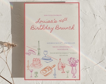 Hand drawn Birthday Brunch Invitation, Editable illustrated invite, Whimsical, Any age, 40th, 30th, 50th