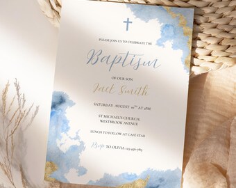 May include: Baptism invitation with blue watercolor accents and gold foil details. The invitation includes the text "Baptism of our son Jack Smith" and event details. A cross is at the top. RSVP information is at the bottom.