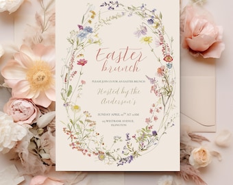 Floral Easter Brunch Invitation, Spring Flowers, Party Invite, Editable template, Egg hunt Instant Download