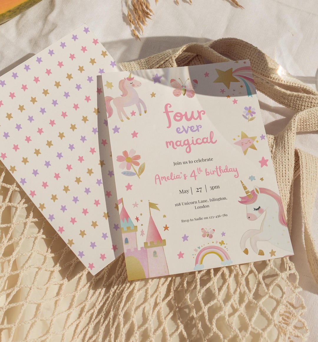 Unicorn 4th Birthday Invitation, Four Ever Magical Rainbow Party Invite ...
