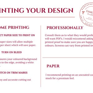 May include: A maroon and white graphic with instructions for printing a design. The text includes "Printing Your Design," "Home Printing," and "Professionally." It also features a circular logo with the text "Darcie's Doodles."