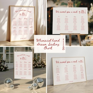 Op de afbeelding: Verschillende zitplaatskaarten met de tekst "We saved you a seat" in het rood. De kaarten hebben een grillig ontwerp met een taart- en wijnglasillustratie. De tekst "Whimsical hand drawn Seating Chart" is ook zichtbaar.