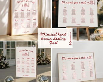 Hand-Drawn Wedding Seating Chart Template: Red Illustrated Design (Digital Download, 18x24/24x36/A1 Size)