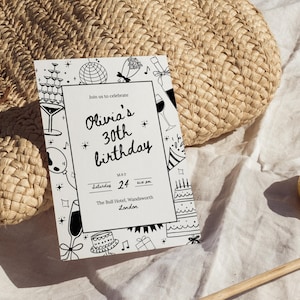 Whimsical Birthday Party Invitation, Hand Drawn, Scribble, doodle, Invitation, 30th, 40th, 50th, Birthday Invite, Printable Canva Template