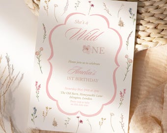 Plantilla de invitación para primer cumpleaños con flores silvestres: Diseño floral editable (descarga digital)