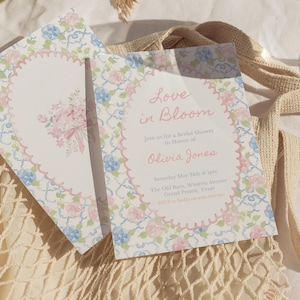Love in Bloom-uitnodiging vrijgezellenfeest handgeschreven, roze, bloem, vintage stijl, lente/zomer wilde bloemen, uitnodiging vrijgezellenfeest, sjabloon